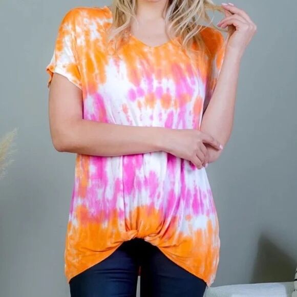 ALLIE & ROB Summer Top Tie Knot Hem Short Sleeve Orange Pink - Picture 2 of 4